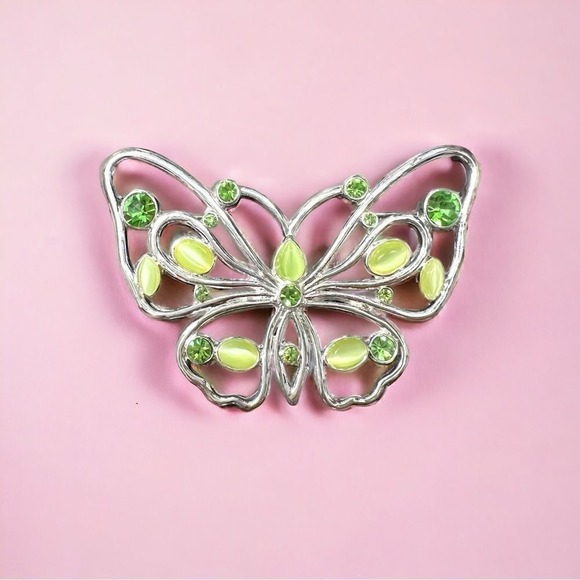 other Jewelry - Vintage Y2K butterfly pin silvertone adorned with green stones and gems NWOT